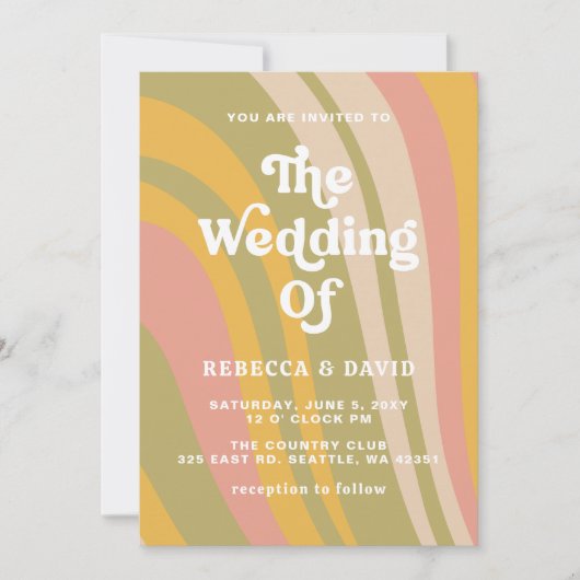 レトロGroovy 70sかわいいピンクの緑の黄色結婚の 招待状 (正面)