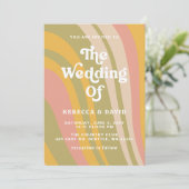 レトロGroovy 70sかわいいピンクの緑の黄色結婚の 招待状 (スタンド正面)