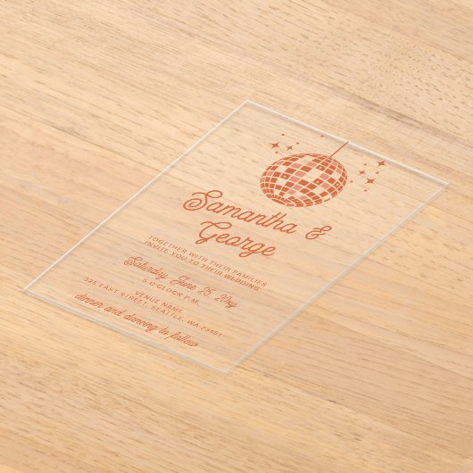 レトロGroovy 70sアイボリーオレンジフォトディスコ結婚ズ アクリル招待状 (レイダウン)