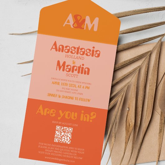 レトロGroovy 70sオレンジはっきりした色QR結婚s オールインワン招待状