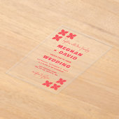 レトロGroovy 70sパターンピンク結婚レッド アクリル招待状 (レイダウン)