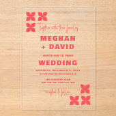 レトロGroovy 70sパターンピンク結婚レッド アクリル招待状 (正面)