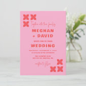 レトロGroovy 70sパターンピンク結婚レッド 招待状 (スタンド正面)