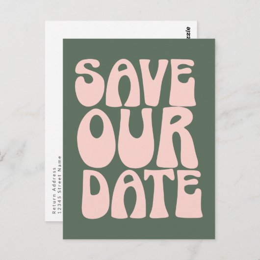レトロGroovy 70sピンクと緑の日付を保存  ポストカード (正面/裏面)