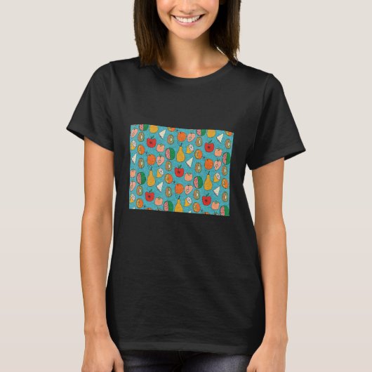 レトロGroovy 70sフルーツブルーパターン Tシャツ (正面)