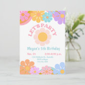 レトロGroovy 70s女の子の誕生日パーティフラワーパーティー 招待状 (スタンド正面)