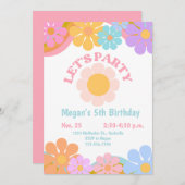 レトロGroovy 70s女の子の誕生日パーティフラワーパーティー 招待状 (正面/裏面)