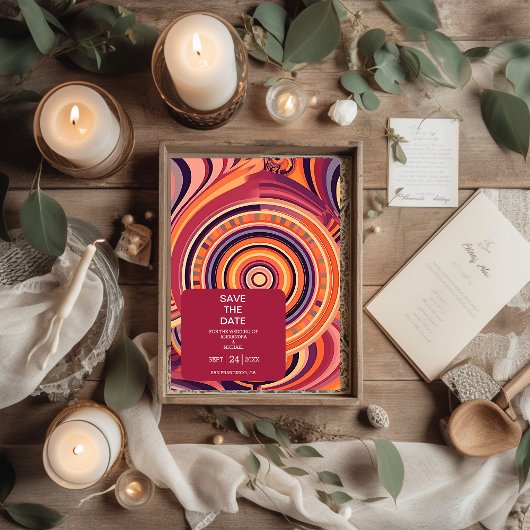 レトロGroovy 70s抽象芸術パター結婚ン セーブザデート