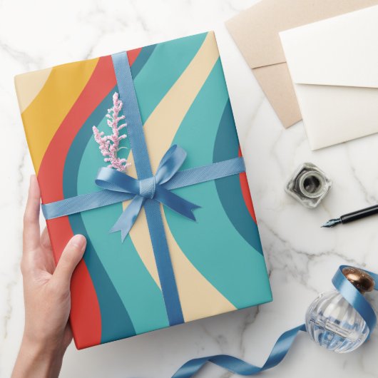 レトロGroovy 70s波カラフル状ストライプ ラッピングペーパー (ギフト)