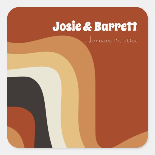 レトロGroovy 70s波形オレンジブラウンファンキー結婚ズ スクエアシール (正面)