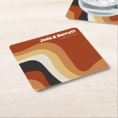 レトロGroovy 70s波形オレンジブラウンファンキー結婚ズ スクエアペーパーコースター (アングル)