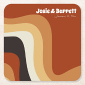 レトロGroovy 70s波形オレンジブラウンファンキー結婚ズ スクエアペーパーコースター (正面)