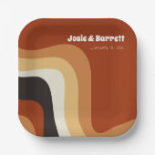 レトロGroovy 70s波形オレンジブラウンファンキー結婚ズ ペーパープレート (正面)