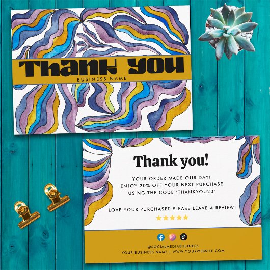 レトロGroovy Blue Purpleビジネスパッケージの挿入 サンキューカード