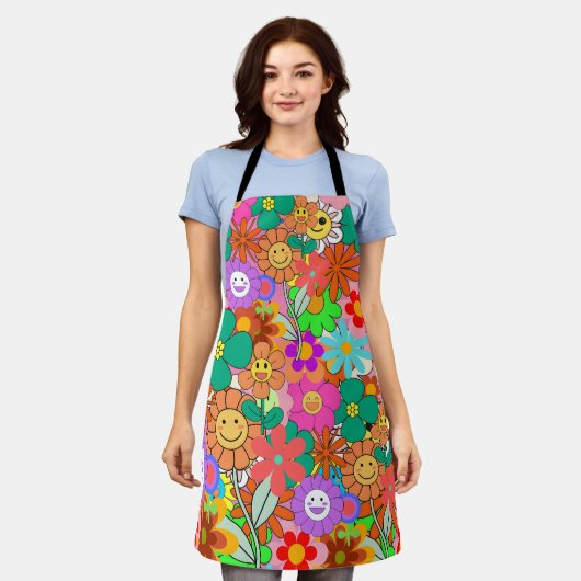レトロGroovy Boho Hippie花 エプロン (着用した状態)