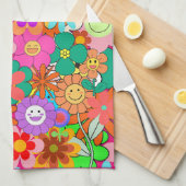 レトロGroovy Boho Hippie花 キッチンタオル (四つ折り)