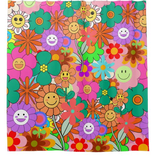 レトロGroovy Boho Hippie花 シャワーカーテン (正面)