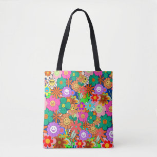 レトロGroovy Boho Hippie花 トートバッグ