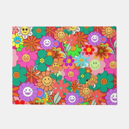 レトロGroovy Boho Hippie花 ドアマット (正面)