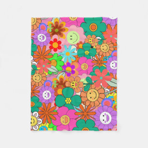 レトロGroovy Boho Hippie花 フリースブランケット