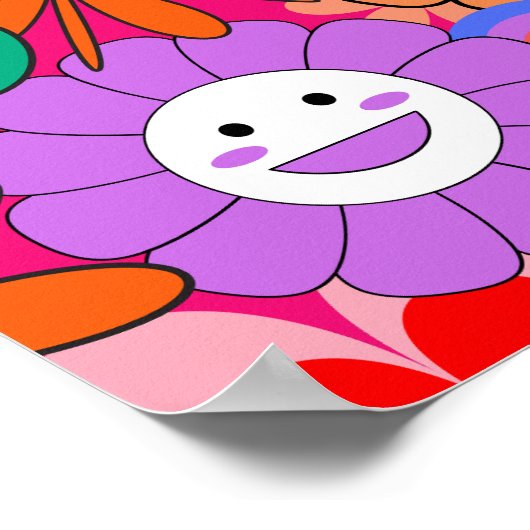 レトロGroovy Boho Hippie花 ポスター (角)