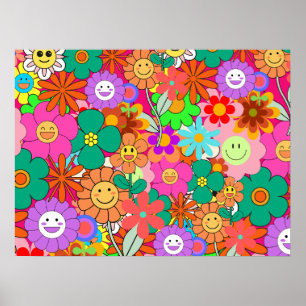 レトロGroovy Boho Hippie花 ポスター