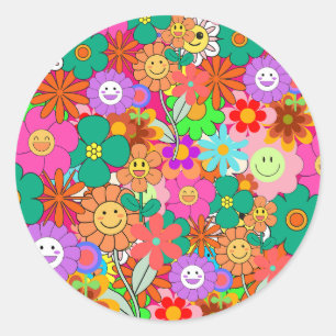 レトロGroovy Boho Hippie花 ラウンドシール