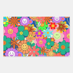 レトロGroovy Boho Hippie花 長方形シール