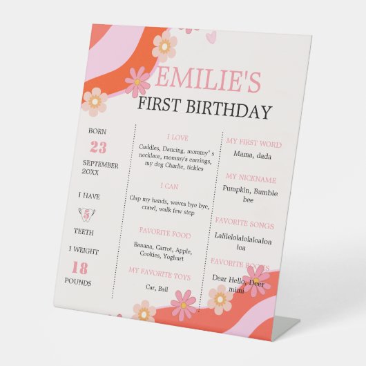 レトロGroovy DaisyBaby 1stバースデーマイルストーンサイン 台座サイン (正面)