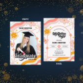 レトロGroovy Hippieフローラ写真卒業 招待状