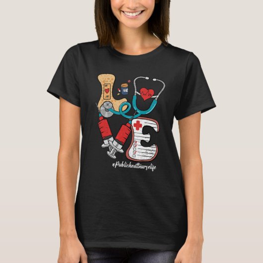 レトロGroovy LOVE聴診器公衆衛生ナース Tシャツ (正面)