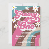 レトロGroovy One 1st誕生日ピンクティール(緑がかった色)女の子 招待状 (正面)