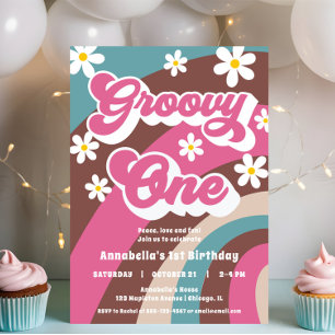 レトロGroovy One 1st誕生日ピンクティール(緑がかった色)女の子 招待状