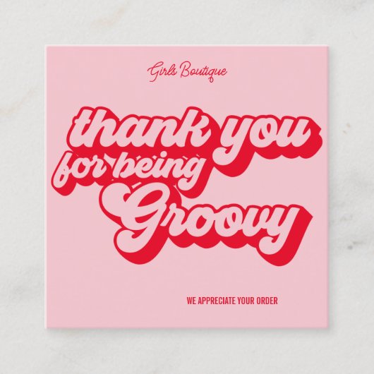 レトロGroovy Pink & Redサンキューソーシャルメディア スクエア名刺 (正面)