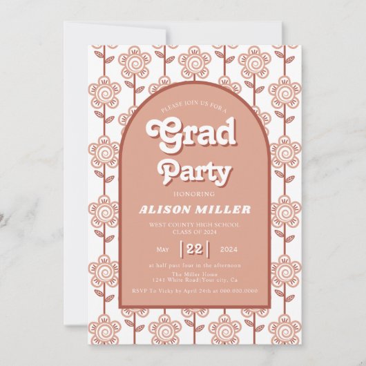 レトロgroovy terracotta花70s卒業 招待状 (正面)