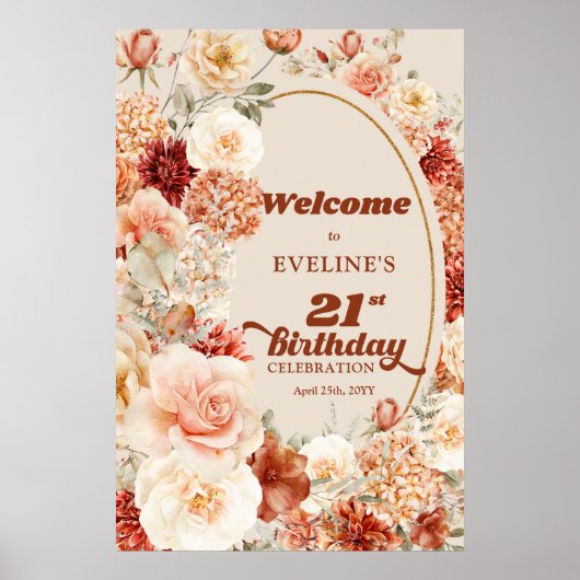 レトロGroovy terracotta boho 21歳の誕生日へようこそ ポスター (正面)