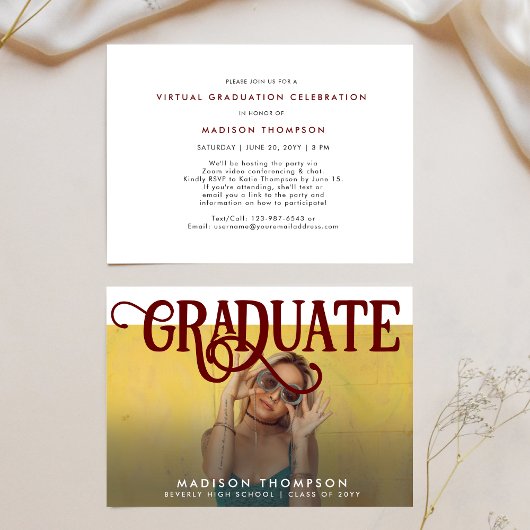 レトロMaroon Photo Virtual Graduation for Girls 招待状