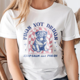 レトロ'Pugs Not Drugs' Bubblegumピンクとブルーのおもしろい Tシャツ