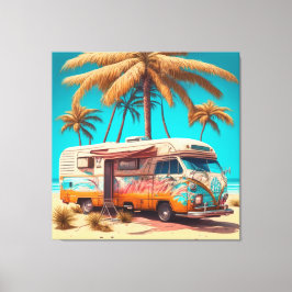 レトロRVとパームツリー キャンバスプリント