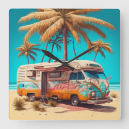 レトロRVとパームツリー スクエア壁時計