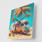 レトロRVとパームツリー スクエア壁時計 (傾斜)