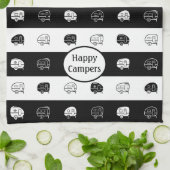 レトロRVトレーラーハッピーキャンパーズブラック&ホワイト キッチンタオル (折り畳み)