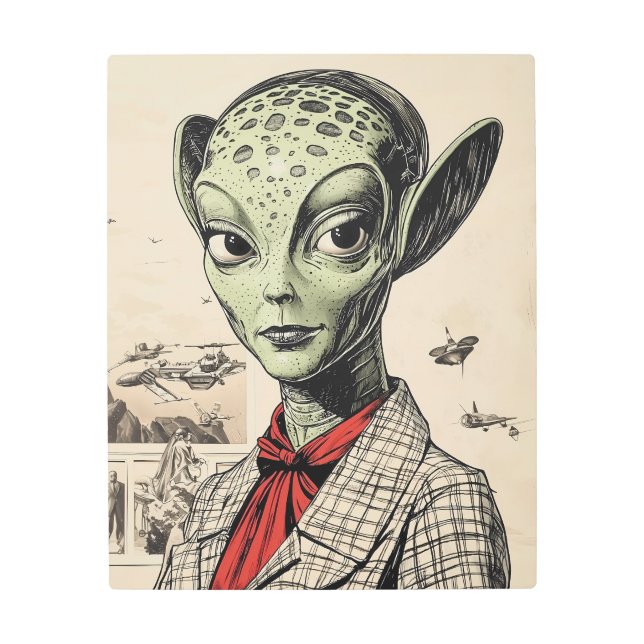 レトロSci-Fiエイリアンヴィンテージファッション メタルプリント (正面)