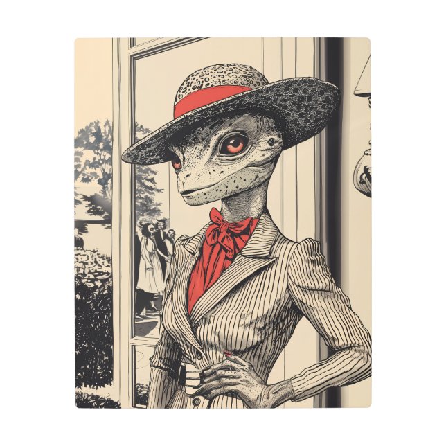 レトロSci-Fiエイリアンヴィンテージファッション メタルプリント (正面)