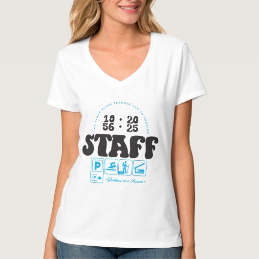 レトロSTAFFグラフィックと紙飛行機引用文 Tシャツ (正面)