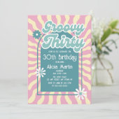 レトロSun WaveデイジーGroovyグリーン30th誕生日 招待状 (スタンド正面)