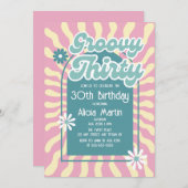 レトロSun WaveデイジーGroovyグリーン30th誕生日 招待状 (正面/裏面)