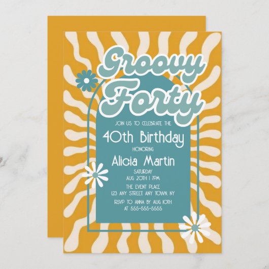 レトロSun WaveデイジーGroovyグリーン40th誕生日 招待状 (正面/裏面)
