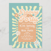 レトロSun WaveデイジーGroovy Brown 40th誕生日 招待状 (正面/裏面)