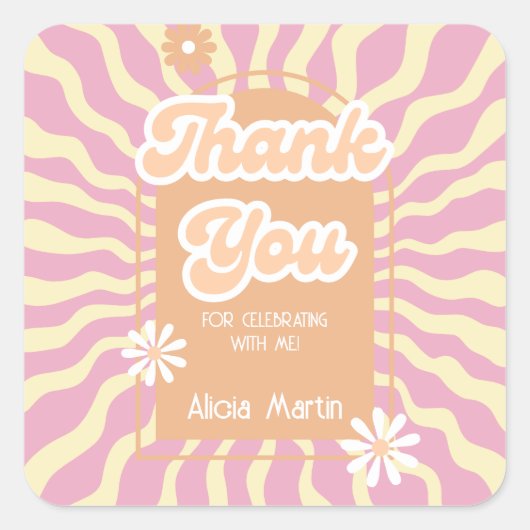 レトロSun WaveデイジーGroovy Brown Thank You スクエアシール (正面)